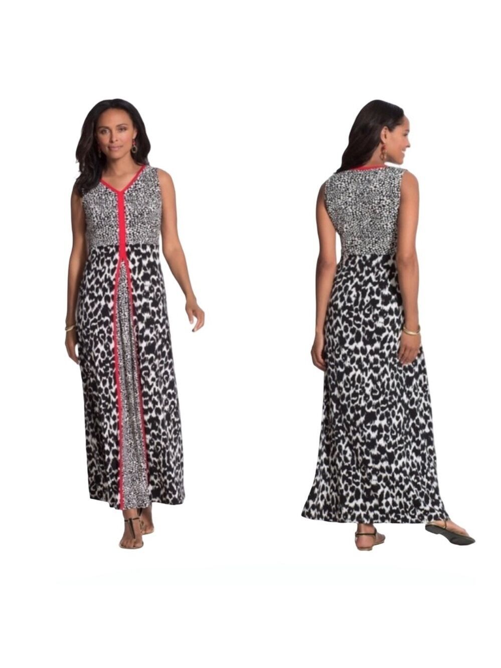 Chico's Leopard Sleeveless Print Maxi Dress with Red Detail Size 4